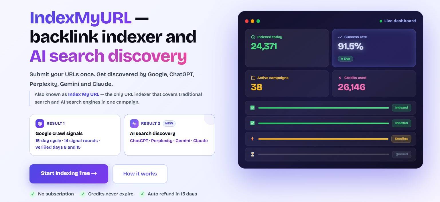 IndexMyURL — Backlink Indexer & AI Discovery image 1