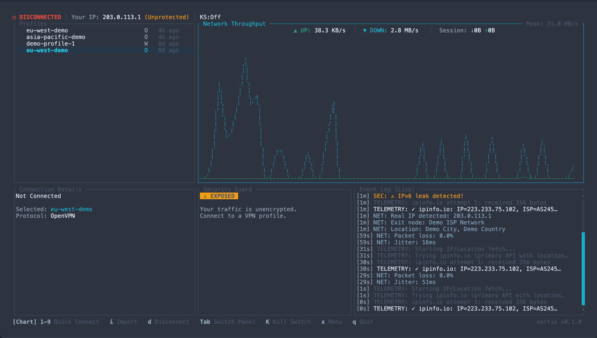 Vortix: Terminal UI for WireGuard and OpenVPN image 2