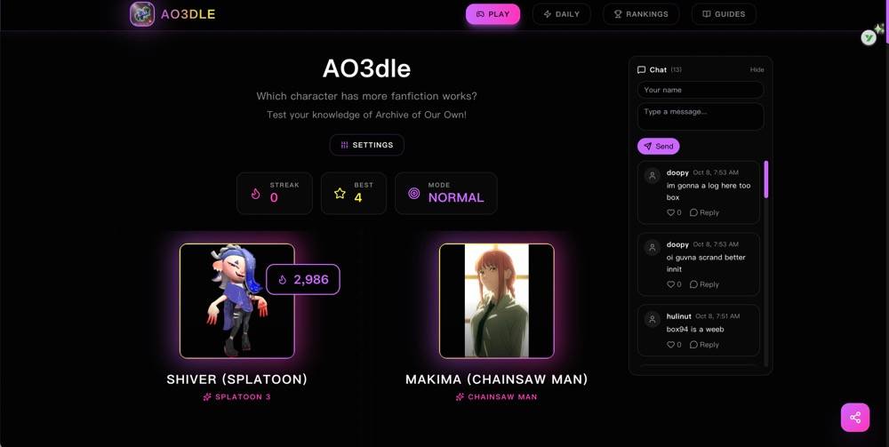 AO3dle - Fanfiction Character Popularity Game image 2