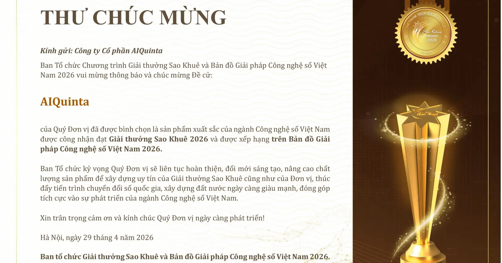AIQuinta Receives Sao Khuê 2026 Award and Is Listed on Vietnam Tech Solutions Map 2026