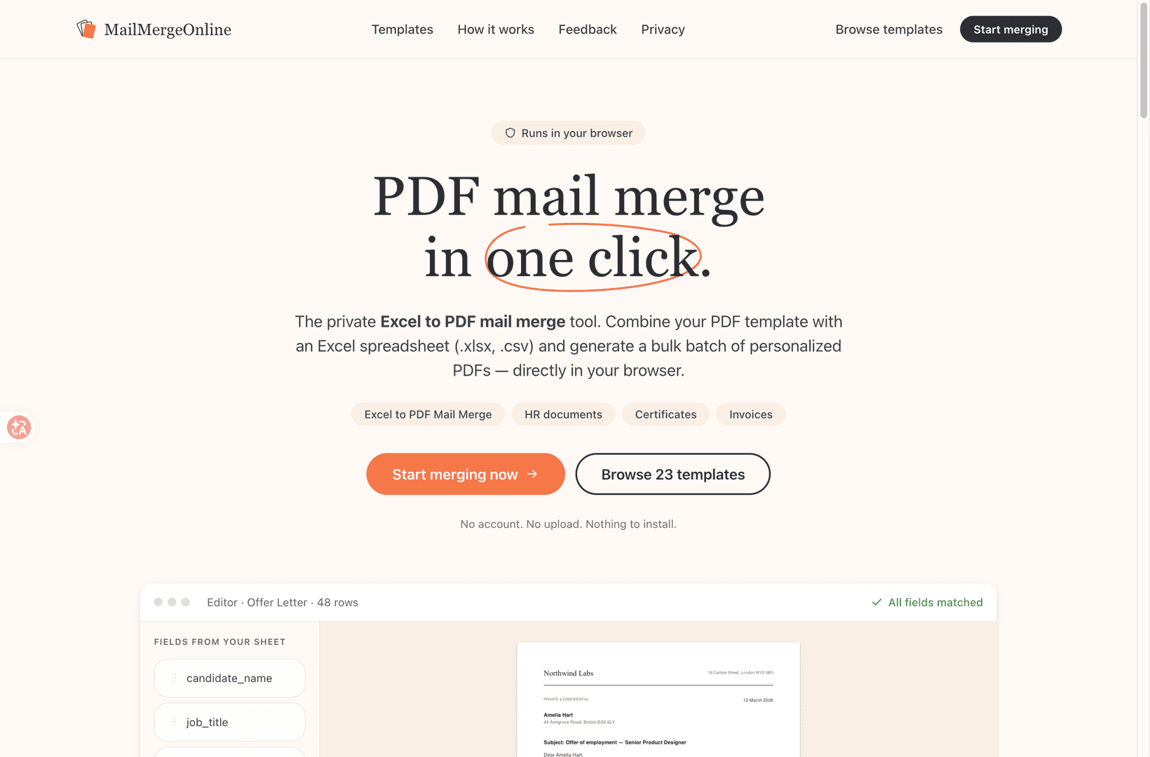 PDF Mail Merge Online — Bulk PDFs from Excel image 1