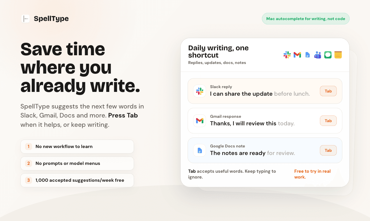 SpellType - Private AI autocomplete for Mac image 2