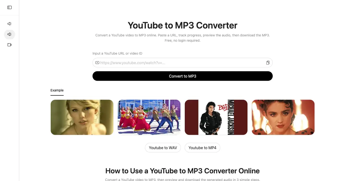Free YouTube to MP3 converter with preview and direct download