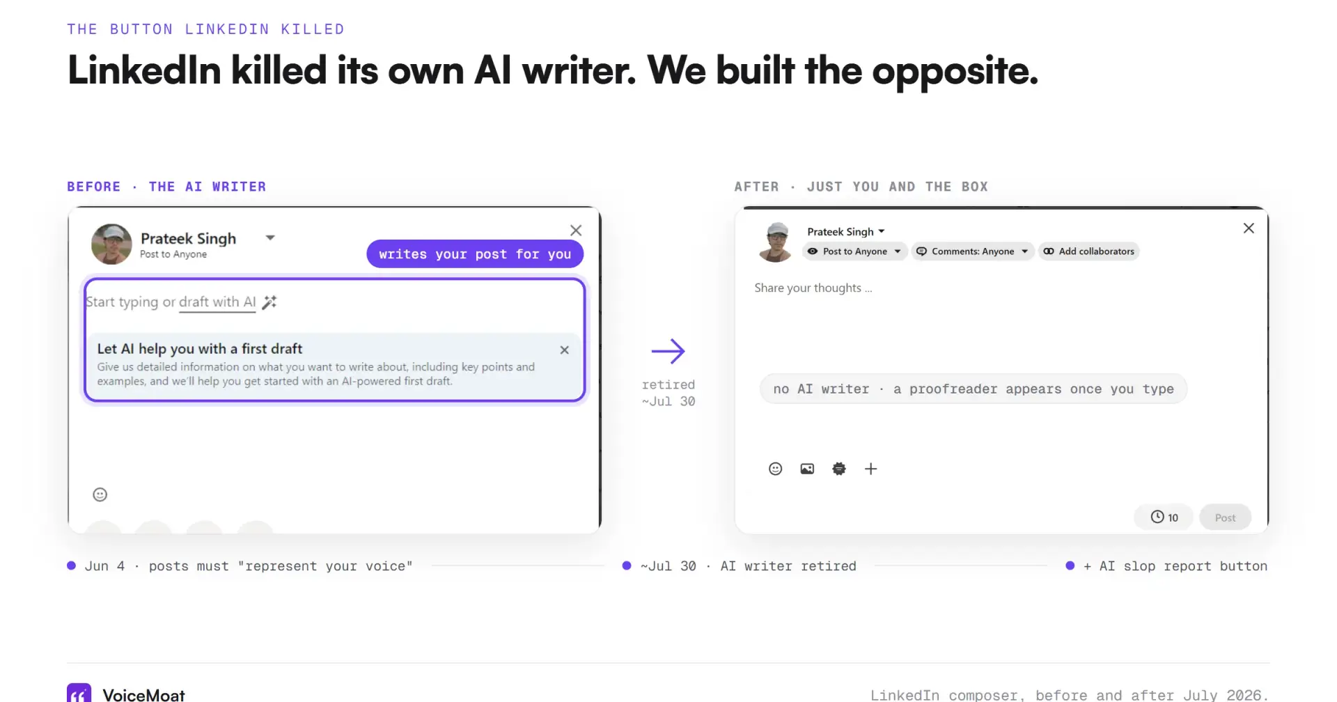 We Built Our Writing Tool the Slow Way on Purpose. Then LinkedIn Killed Its Own AI Writer and the Slow Way Became the Whole Category.