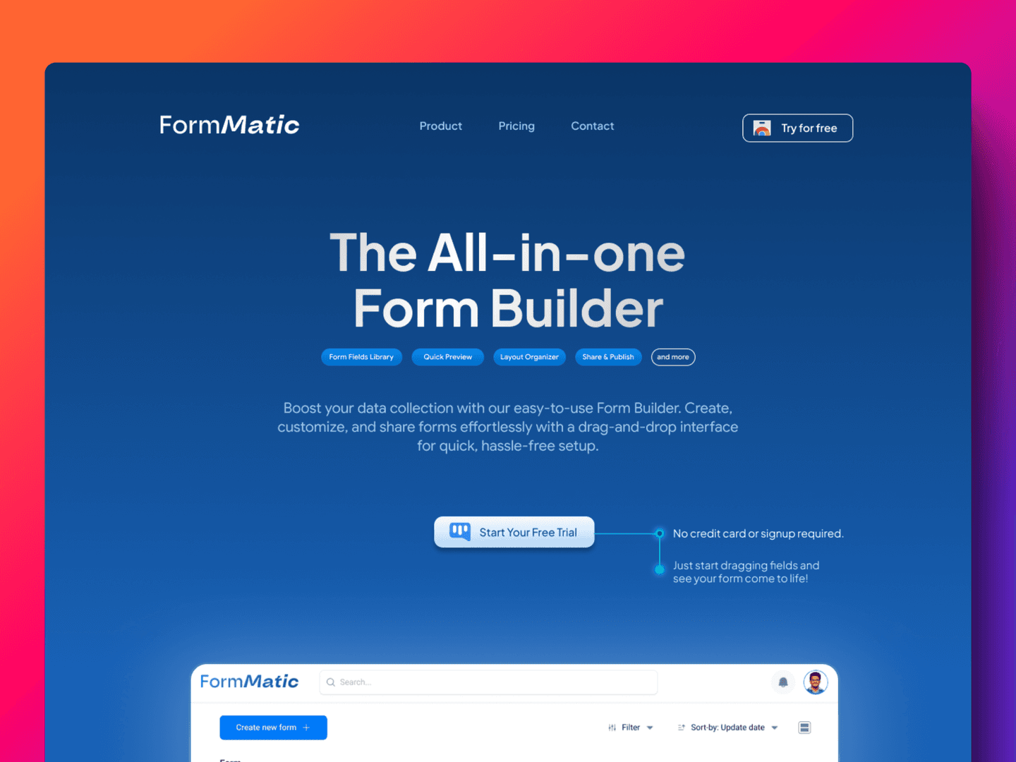 Hero Section for a Web based Form Builder
