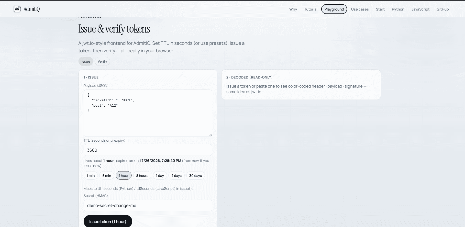 AdmitiQ — signed, expiring QR & URL tokens image 3