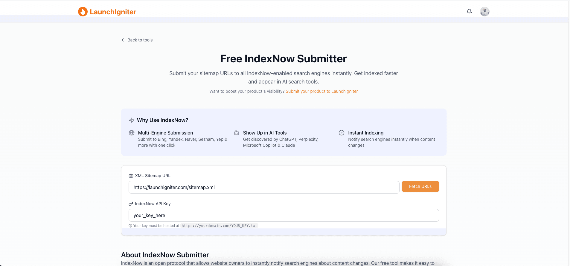 Free IndexNow Submitter by LaunchIgniter image 1