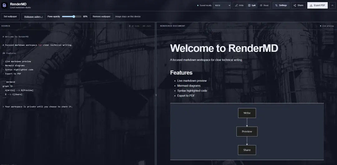 RenderMD — Markdown workspace image 1