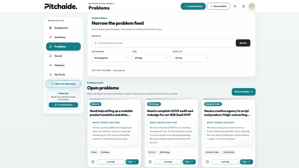 Pitchaide | Share Solutions. Post Problems. image 4