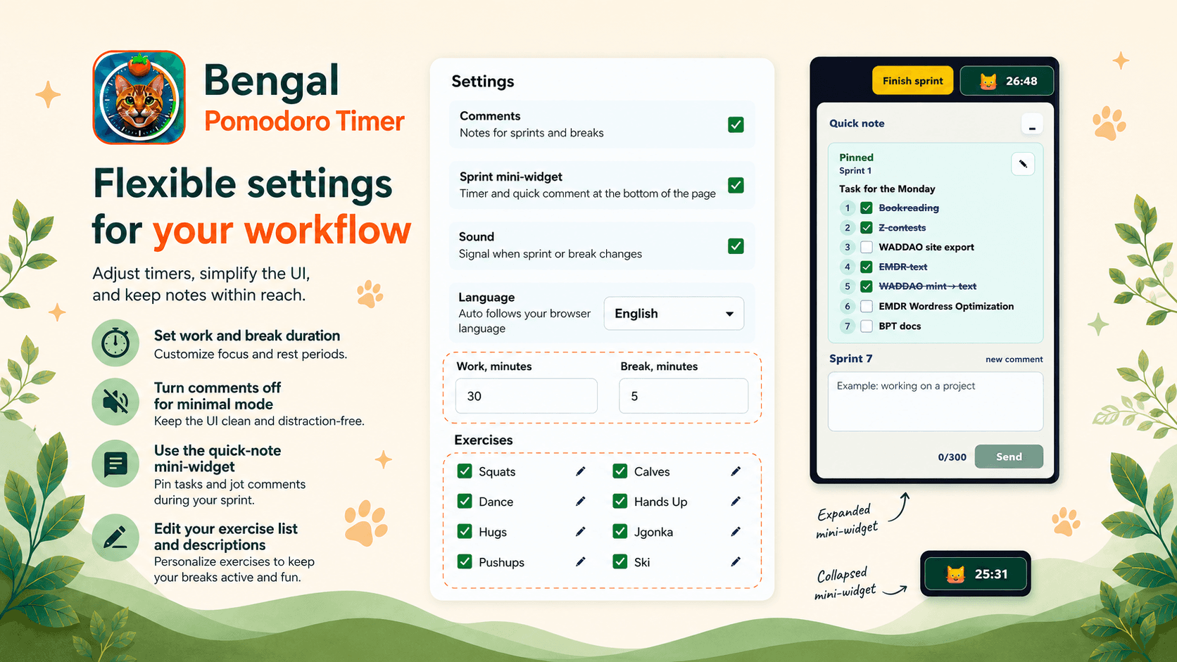 Bengal Pomodoro Timer: Focus & Fitness Breaks image 4