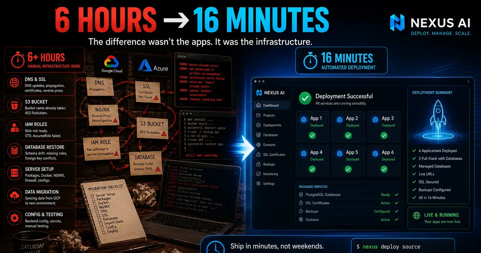 Six hours of infrastructure work. Sixteen minutes to deploy with NEXUS AI.