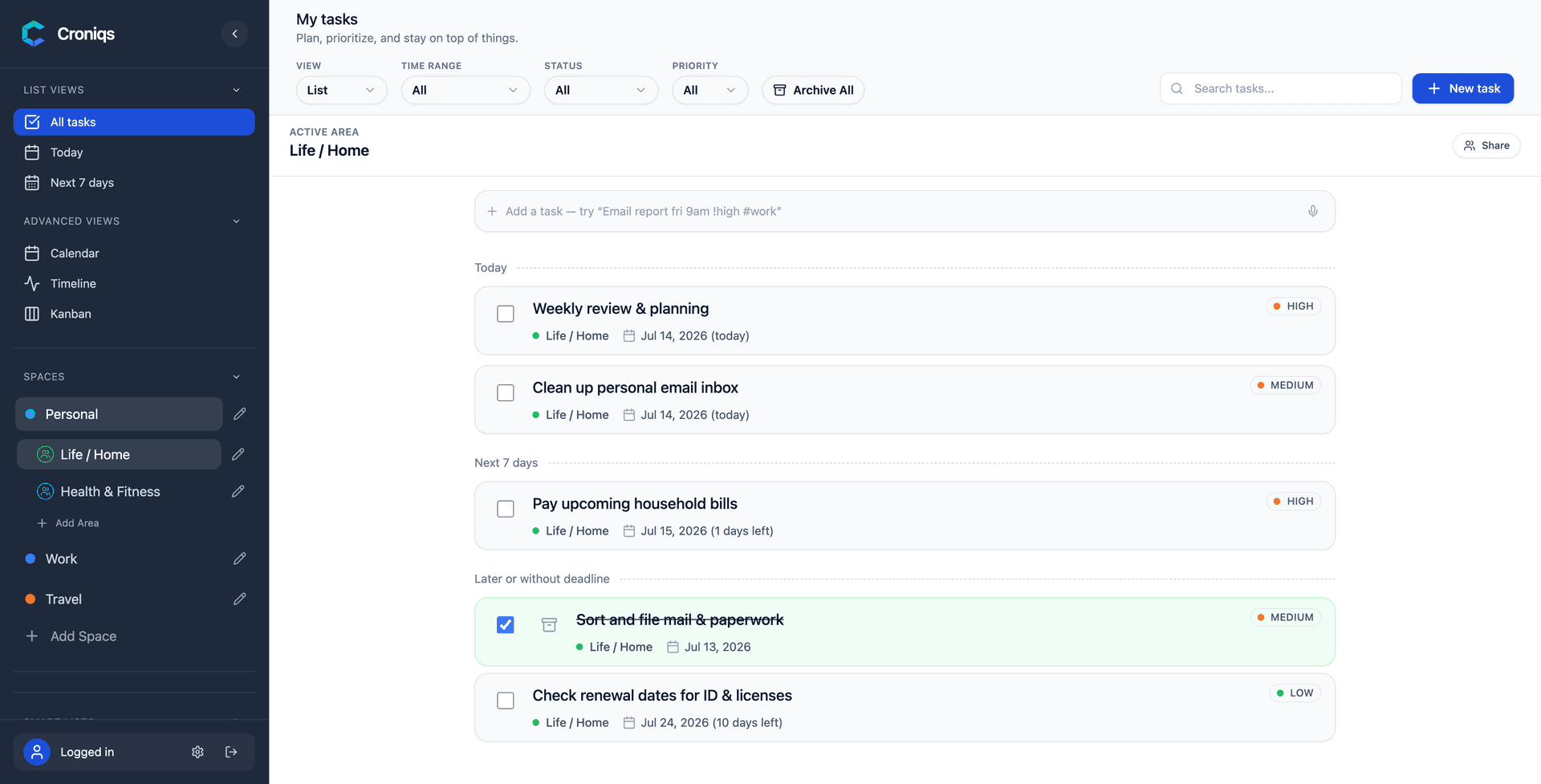 Croniqs — calm, EU-hosted task manager image 1