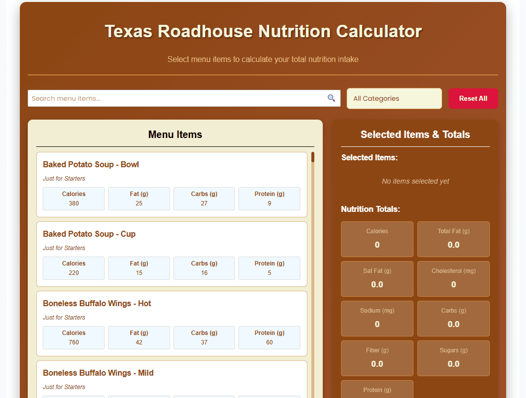 Texas Roadhouse Nutrition Calculator image 1