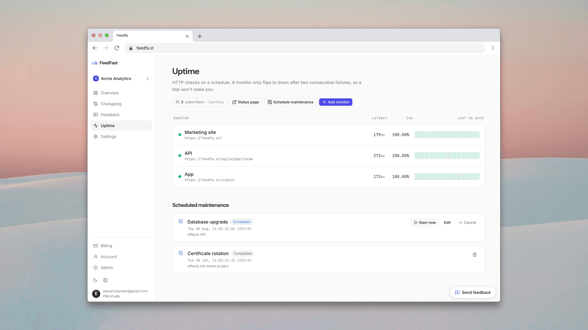FeedFast — Changelog, feedback and uptime image 2