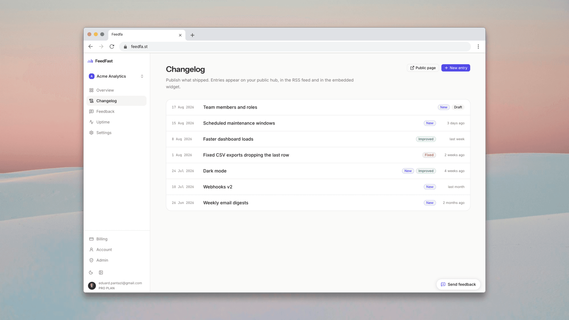 FeedFast — Changelog, feedback and uptime image 3