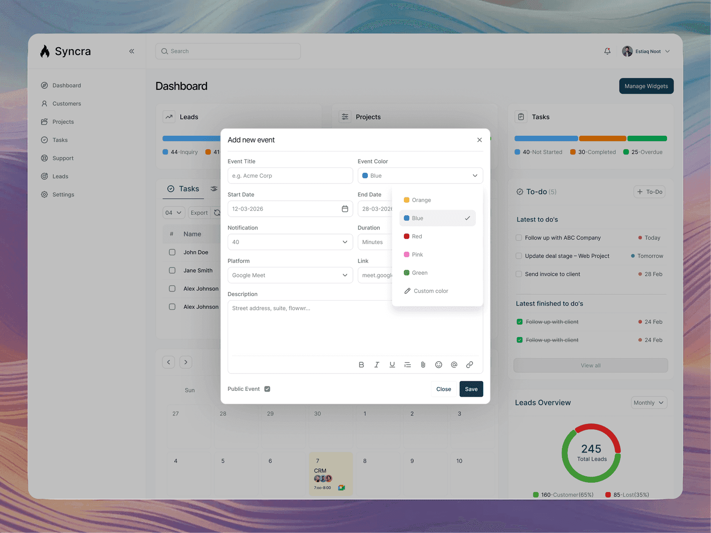 New Event Modal UI - Syncra CRM